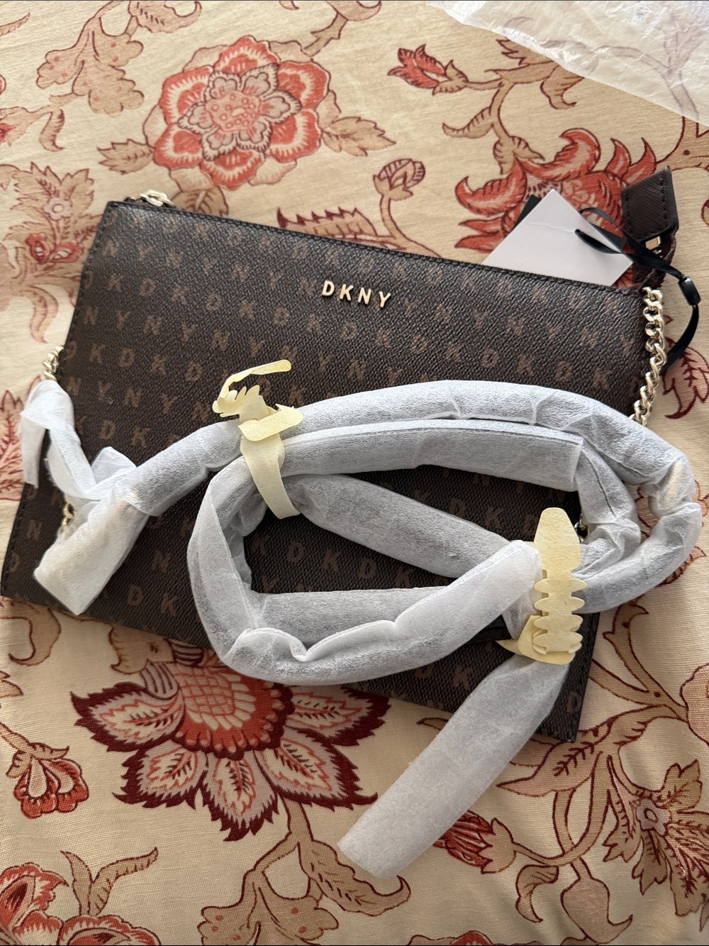 DKNY Brown Monogram Card Holder with Gold Hardware